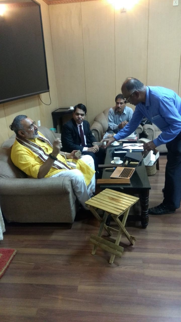 BAMBOO PRODUCTS shown to Honourable Minister for MSME Shri GIRIRAJ SINGH by TPSOH Chairman for Environment Dr Barathi
